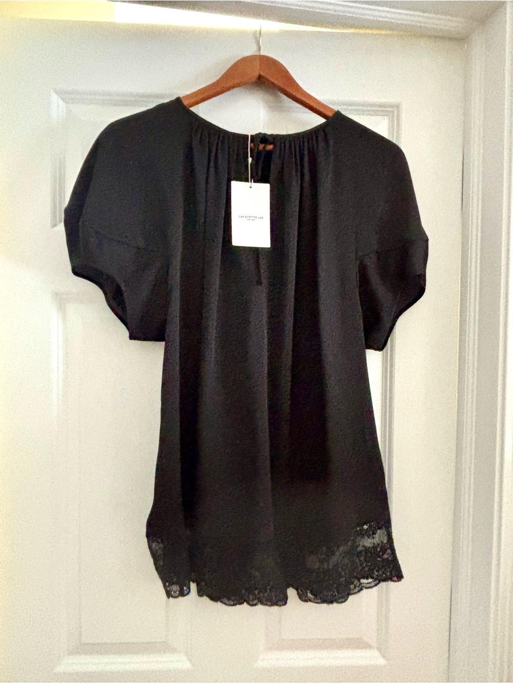 NWT Lafayette 148 New York Black Short-Sleeve Lace-Hem Blouse